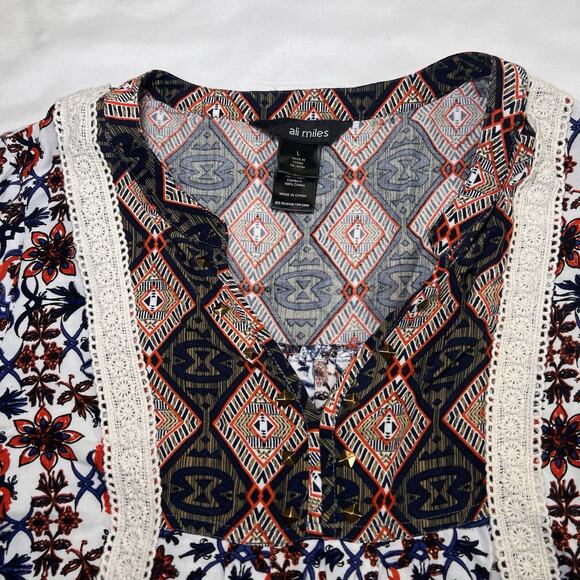 Ali Miles Shirt Size L Multicolor Floral Paisley Studded Boho Top Peasant Blouse - Picture 2 of 15